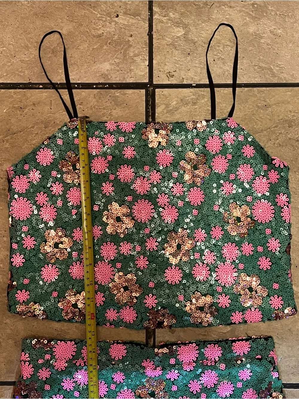 TOPSHOP Size 8 Green Pink Sequin Floral Crop Top Mini Skirt 2 Piece Set